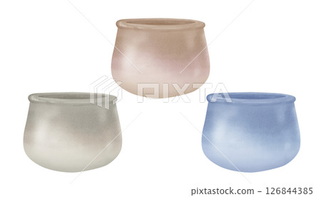 Flower pots for indoor, garden plants and flowers. Delicate pastel watercolor ceramic planter templates with a textured gradient of different colors for the interiors, garden, greenhouse, flower beds 126844385
