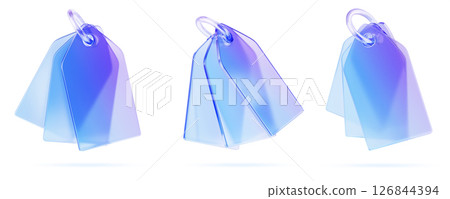 Holographic glass morphism bunch of keychains with ring mockup for branding. 3d render set of blank plastic key holder template. Gradient clear label or price tag of rectangle shape. 3D illustration 126844394