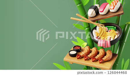 Japanese food advertising banner. Bamboo green background with sushi, shrimp tempura and ramen soup meal render. Asian rice on wood tray and noodle in restaurant bowl with chopsticks. 3D illustration 126844468