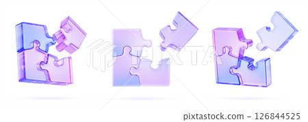 Glass holographic transparent puzzle pieces 3d render icon set. Crystal jigsaw game with neon gradient texture for connection, logical thinking, problem solving, teamwork concept. 3D illustration 126844525