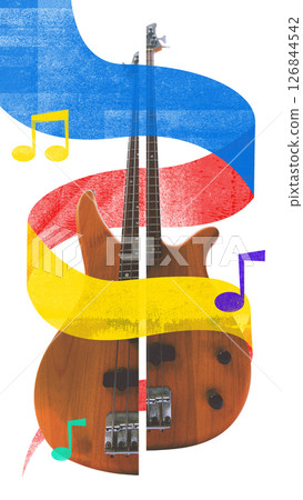 Poster. Contemporary art collage. Electric guitar wrapped in mellow sunlit waves evokes warmth of summer music. Golden Sound 126844542