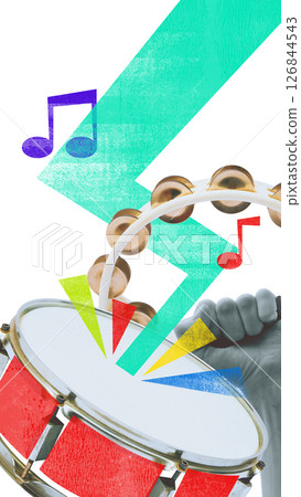 Contemporary art collage. Tambourine strikes with dynamic energy as music notes burst out like dancing crowd. Warm-Up Beat Contemporary art collage. Tambourine strikes with dynamic energy as music notes burst out like dancing crowd. Warm-Up Beat 126844543