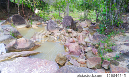 Tropical Rocky River Stream Surrounded by Lush Jungle and Natural Stones 126844545