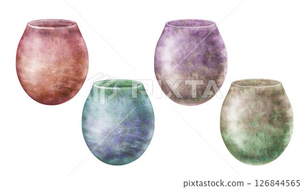Flower pots for indoor, garden flowers and plants. Bright pastel ceramic flowerpots, vases with textured gradient. Templates of watercolor containers of different colors for the home interior, garden 126844565