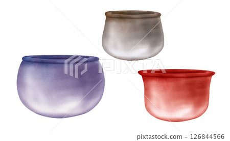 Flower pots for indoor, garden flowers and plants. Bright pastel ceramic flowerpots, vases with textured gradient. Templates of watercolor containers of different colors for the home interior, garden 126844566