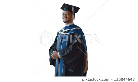 Proud young graduate in cap and gown, created with AI, PNG 126844648