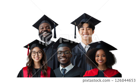 Five smiling grads in caps and gowns, created with AI, PNG 126844653