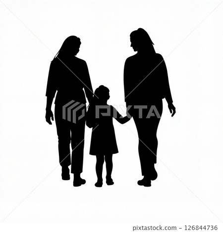 Mother and daughter walking together in silhouette, family bond 126844736