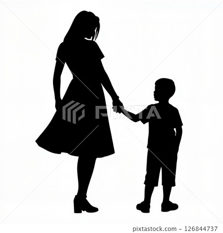 Silhouette of mother holding son's hand, love and connection 126844737