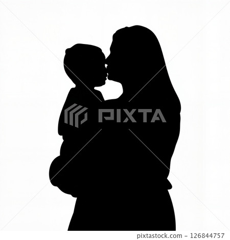 Mother kissing child in silhouette against white background, love symbol 126844757