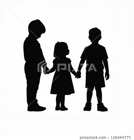 Silhouettes of children holding hands on white background, unity and friendship 126844775