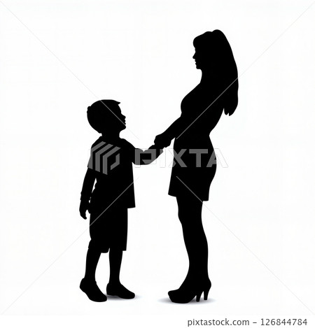 Silhouette of mother and child holding hands, emotional bond 126844784