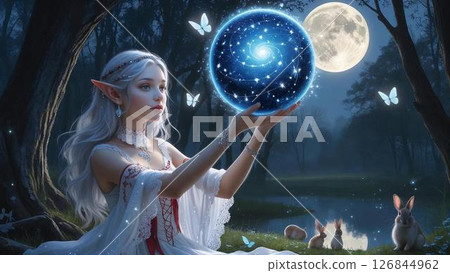Elves praying on a full moon night 126844962