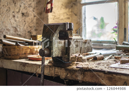 Old workshop with vintage hand tools, real life photo 126844986