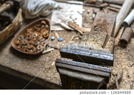 Old workshop with vintage hand tools, real life photo Old workshop with vintage hand tools, real life photo 126844989