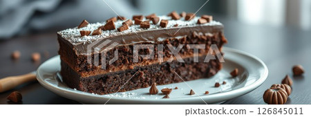 Delicious chocolate cake with rich frosting and nuts served on a white plate against a cozy background 126845011