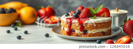 Fresh fruit cake decorated with strawberries, blueberries, and raspberry sauce on a white wooden table 126845016