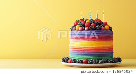 Colorful layer cake with fresh fruits and candles, perfect for a celebration Colorful layer cake with fresh fruits and candles, perfect for a celebration 126845024