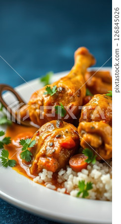 Delicious chicken curry served over fragrant rice with fresh herbs at a cozy dining setting 126845026