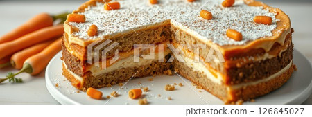 Delicious layered carrot cake with cream cheese filling displayed on a white plate, garnished with candied carrots Delicious layered carrot cake with cream cheese filling displayed on a white plate, garnished with candied carrots 126845027