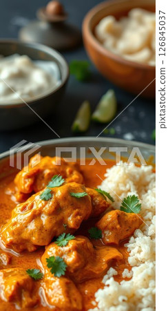 Creamy chicken curry served with fluffy rice and tangy yogurt on a dark wooden table 126845037