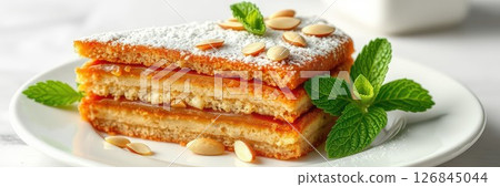 Delicious dessert featuring layers of pastry filled with sweet caramel, garnished with mint leaves and almonds 126845044