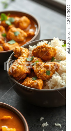 Delicious chicken curry served with fluffy white rice in a cozy dining setting Delicious chicken curry served with fluffy white rice in a cozy dining setting 126845062