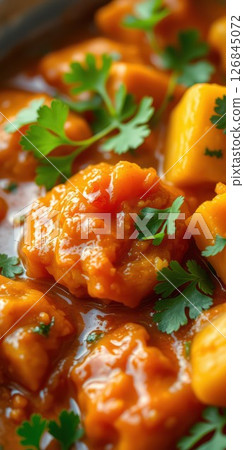 Delicious vegetable stew infused with herbs served in a rustic dish 126845072
