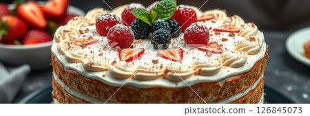 Delicious layered dessert topped with fresh berries and mint served at a gathering 126845073