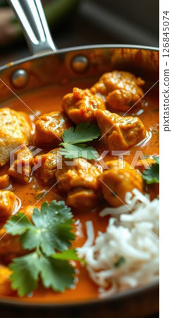 Delicious curry with chicken and white rice garnished with fresh herbs in a warm, inviting kitchen setting 126845074