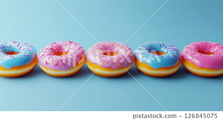Sweet and colorful glazed donuts lined up on a pastel blue background for a delightful dessert display 126845075