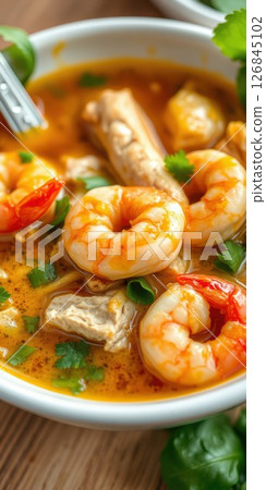 Flavorful shrimp dish with spices and herbs served in a bowl 126845102