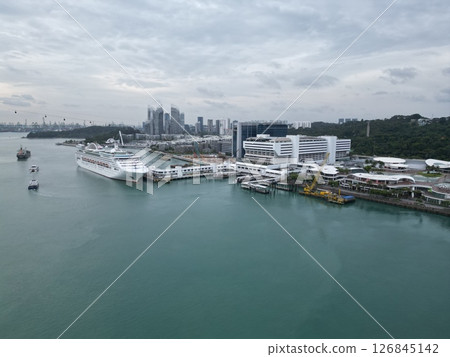 Aerial view of the port of Singapore, where large cruise ships also call 126845142