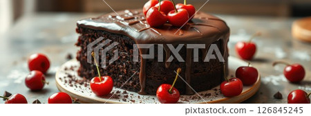 Chocolate cake topped with cherries on a wooden table in a cozy setting 126845245