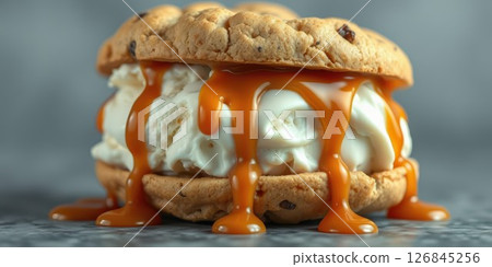Delicious cookie sandwich filled with creamy ice cream and dripping caramel sauce served on a textured surface Delicious cookie sandwich filled with creamy ice cream and dripping caramel sauce served on a textured surface 126845256