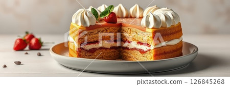 Freshly baked layered cake with strawberries and cream served on a gray plate in a well-lit kitchen 126845268
