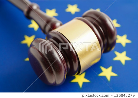 EU law, Legal, justice and agreement, wooden court gavel on flag. 126845279