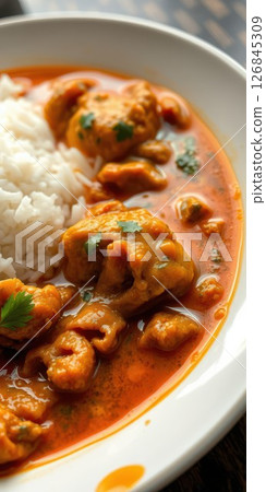Delicious chicken curry served with fragrant basmati rice in a warm setting 126845309