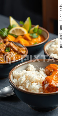 Delicious assortment of Asian-inspired dishes served with rice in bowls, showcasing vibrant colors and fresh ingredients 126845310