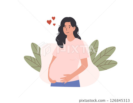 Happy pregnant woman standing and gently touching belly with a smile. Embracing birth preparation and positive natural birth experience. Flat Style Vector Illustration isolated on white background. 126845313