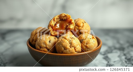 Delicious caramel-filled treats in a wooden bowl on a marble countertop 126845371