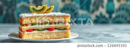 Delicious layered cake with fresh fruit and frosting presented on a decorative plate 126845391