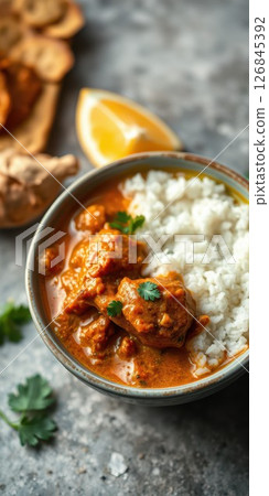Savory curry with rice served in a bowl garnished with fresh herbs and a slice of citrus 126845392