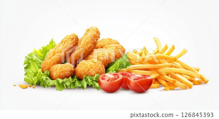 Crispy fried chicken tenders served with golden fries and fresh tomatoes on a bed of lettuce 126845393