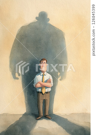 Confident office worker standing with arms crossed, casting large intimidating shadow Confident office worker standing with arms crossed, casting large intimidating shadow 126845399