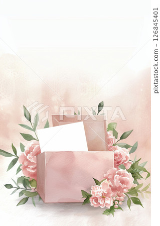 Open gift box with blank card, watercolor floral arrangement, soft pink flowers, green leaves Open gift box with blank card, watercolor floral arrangement, soft pink flowers, green leaves 126845401