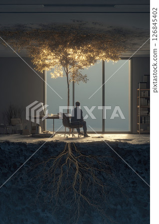 Person tree office roots energy growth nature sunlight in modern workspace calm mood Person tree office roots energy growth nature sunlight in modern workspace calm mood 126845402