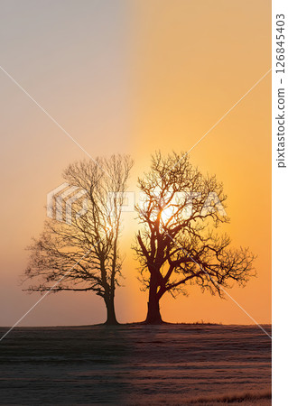 Two trees side by side, one wilted and one healthy, silhouetted at sunrise in tranquil field Two trees side by side, one wilted and one healthy, silhouetted at sunrise in tranquil field 126845403