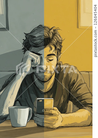 Man sitting at table with coffee cup, using smartphone, split color, tired and relaxed mood Man sitting at table with coffee cup, using smartphone, split color, tired and relaxed mood 126845404