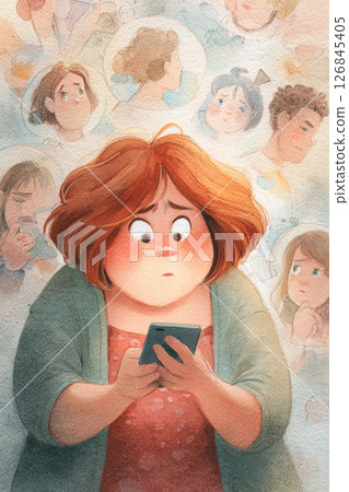 Chubby woman with red hair looks worried at phone, surrounded by watercolor people faces 126845405